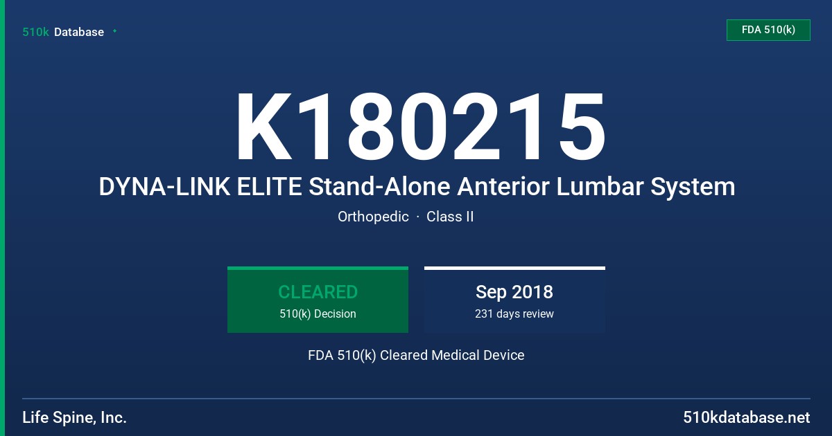 K180215 DYNA-LINK ELITE Stand-Alone Anterior Lumbar System FDA 510(k) Cleared Medical Device