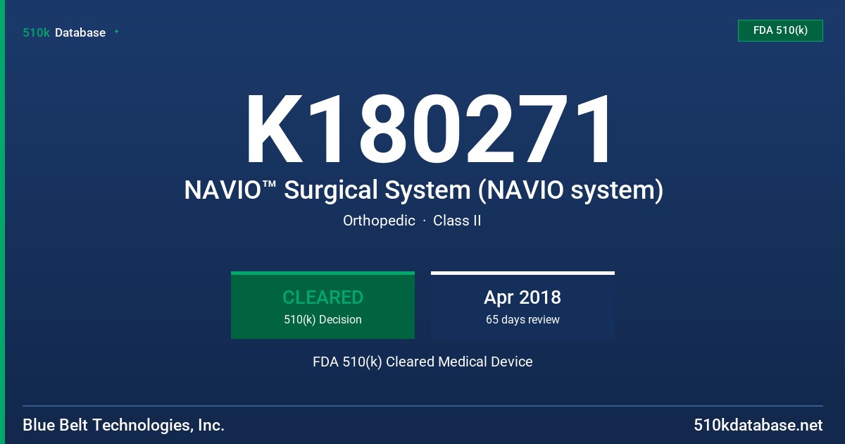 K180271 NAVIO™ Surgical System (NAVIO system) FDA 510(k) Cleared Medical Device