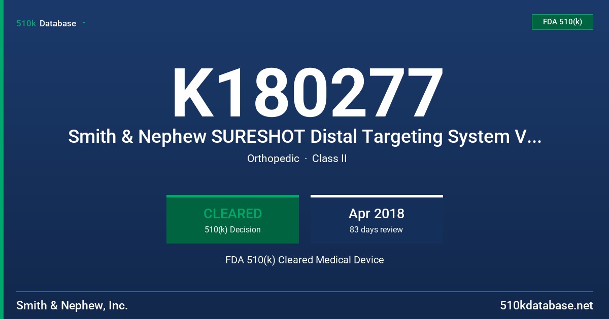 K180277 Smith & Nephew SURESHOT Distal Targeting System V4.0 Targeter FDA 510(k) Cleared Medical Device