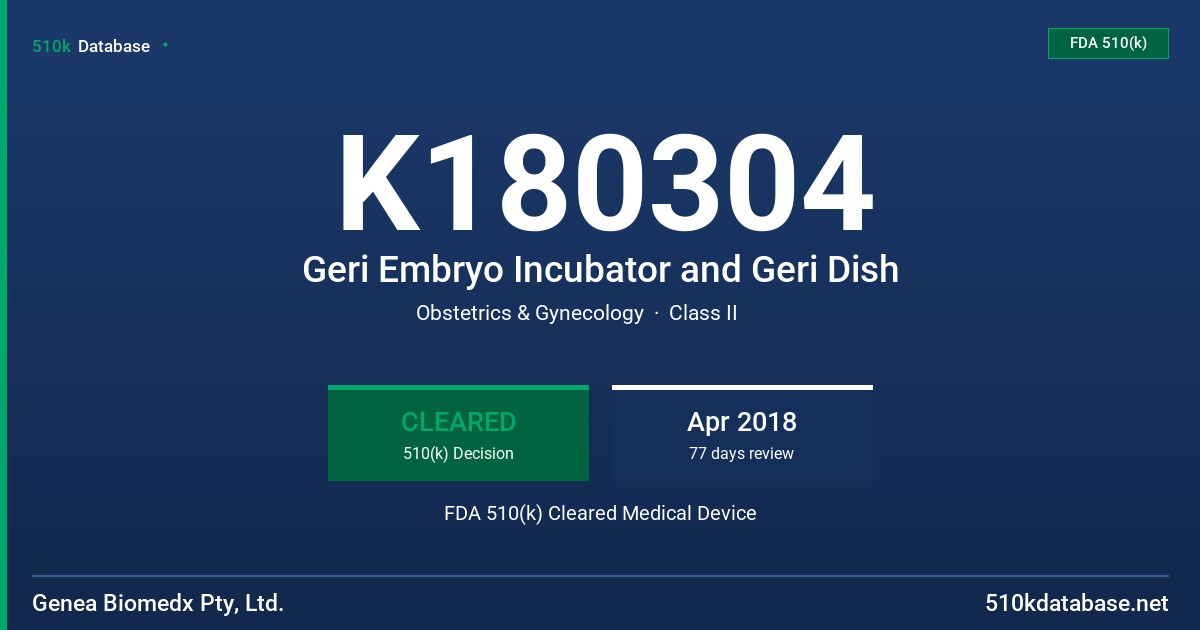 K180304 Geri Embryo Incubator and Geri Dish FDA 510(k) Cleared Medical Device