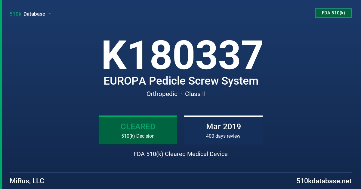 K180337 EUROPA Pedicle Screw System FDA 510(k) Cleared Medical Device