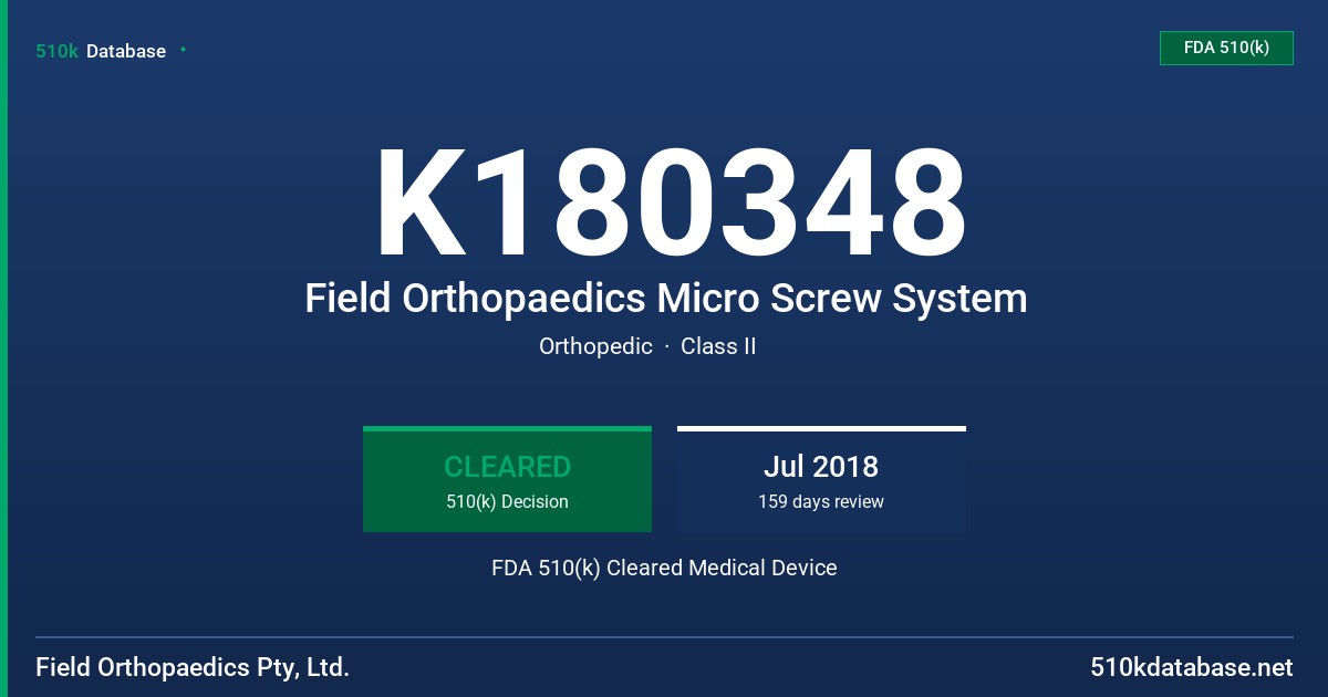 K180348 Field Orthopaedics Micro Screw System FDA 510(k) Cleared Medical Device