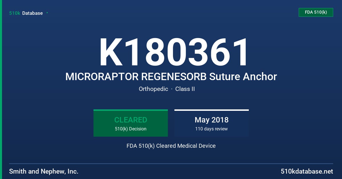 K180361 MICRORAPTOR REGENESORB Suture Anchor FDA 510(k) Cleared Medical Device