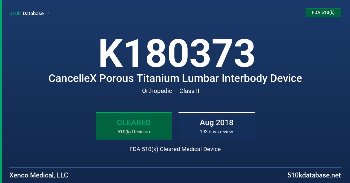 K180373 CancelleX Porous Titanium Lumbar Interbody Device FDA 510(k) Cleared Medical Device