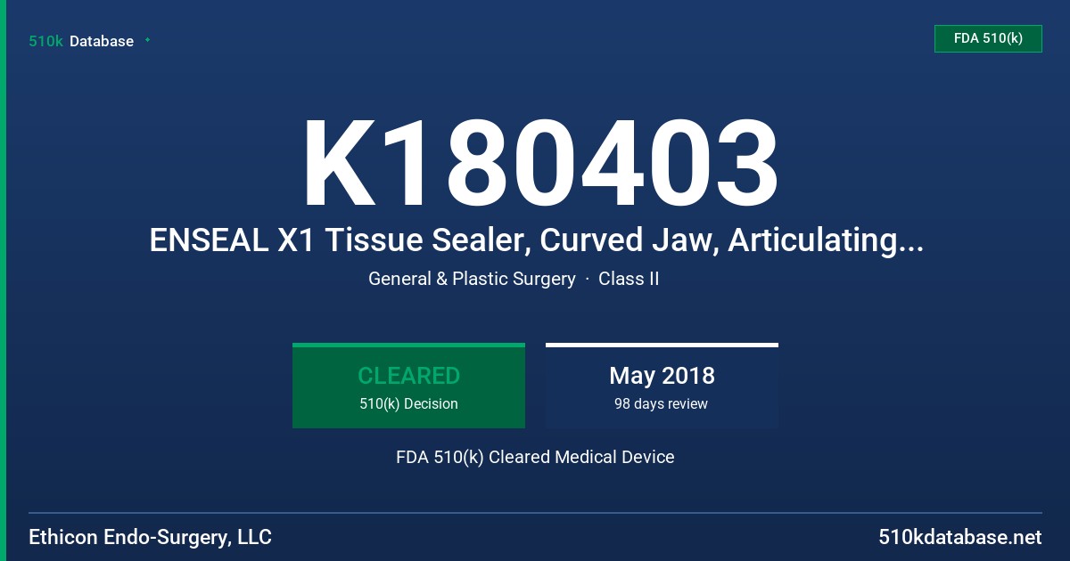 K180403 ENSEAL X1 Tissue Sealer, Curved Jaw, Articulating 37 cm Shaft Length FDA 510(k) Cleared Medical Device