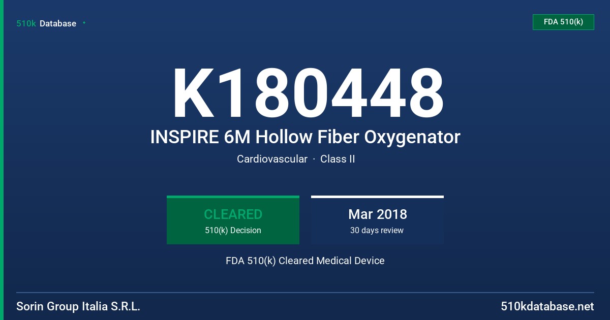 K180448 INSPIRE 6M Hollow Fiber Oxygenator FDA 510(k) Cleared Medical Device