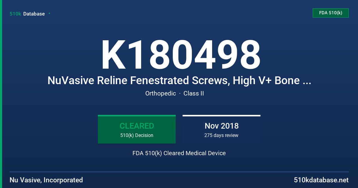 K180498 NuVasive Reline Fenestrated Screws, High V+ Bone Cement FDA 510(k) Cleared Medical Device