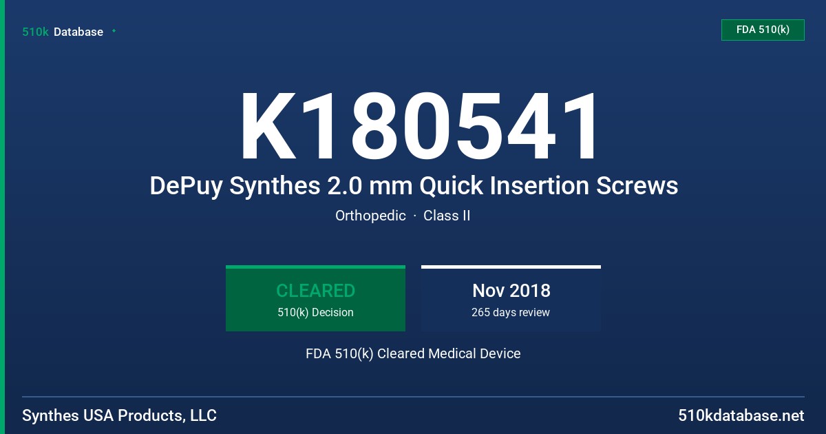 K180541 DePuy Synthes 2.0 mm Quick Insertion Screws FDA 510(k) Cleared Medical Device