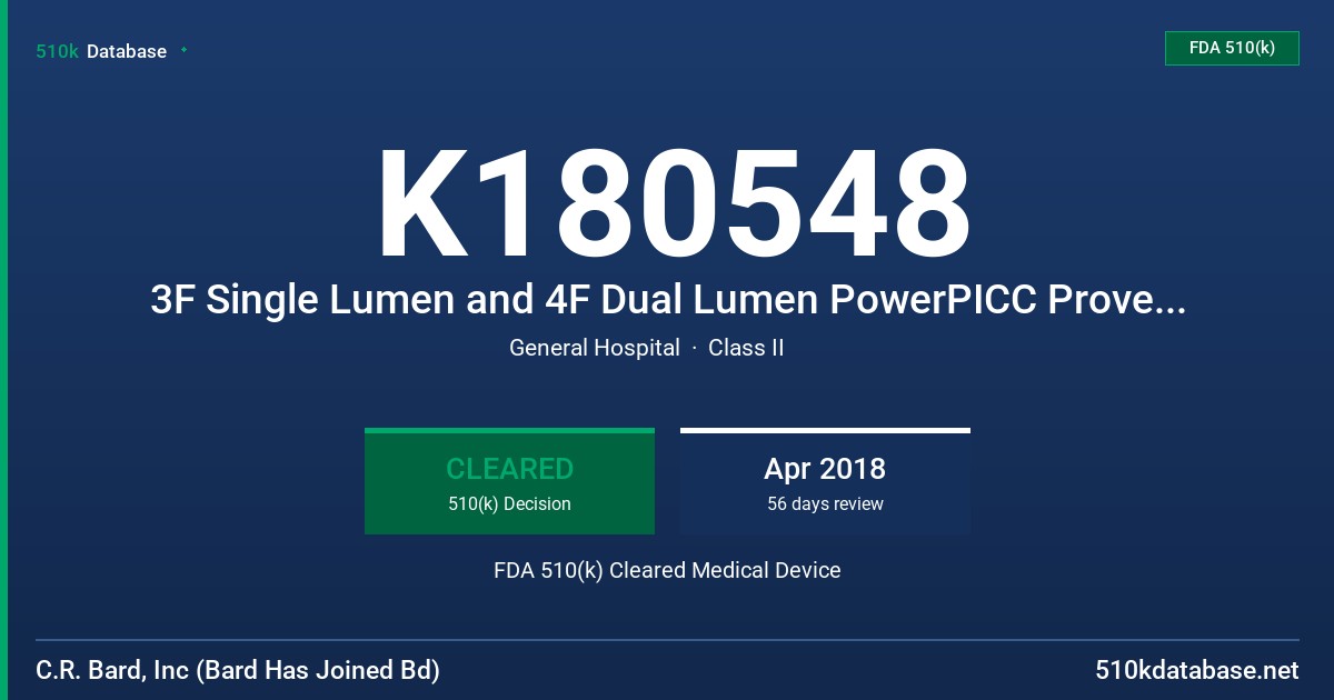 K180548 3F Single Lumen and 4F Dual Lumen PowerPICC Provena Catherers FDA 510(k) Cleared Medical Device