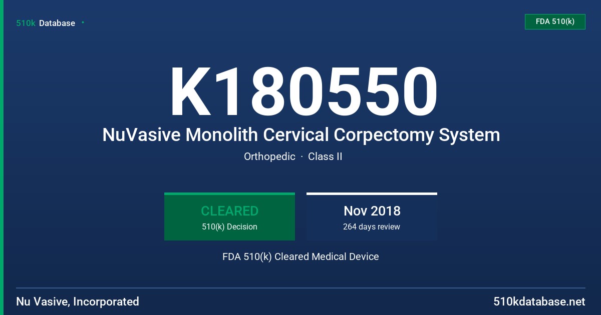 K180550 NuVasive Monolith Cervical Corpectomy System FDA 510(k) Cleared Medical Device