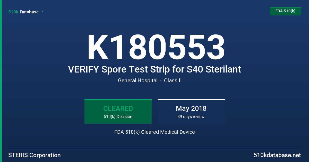 K180553 VERIFY Spore Test Strip for S40 Sterilant FDA 510(k) Cleared Medical Device