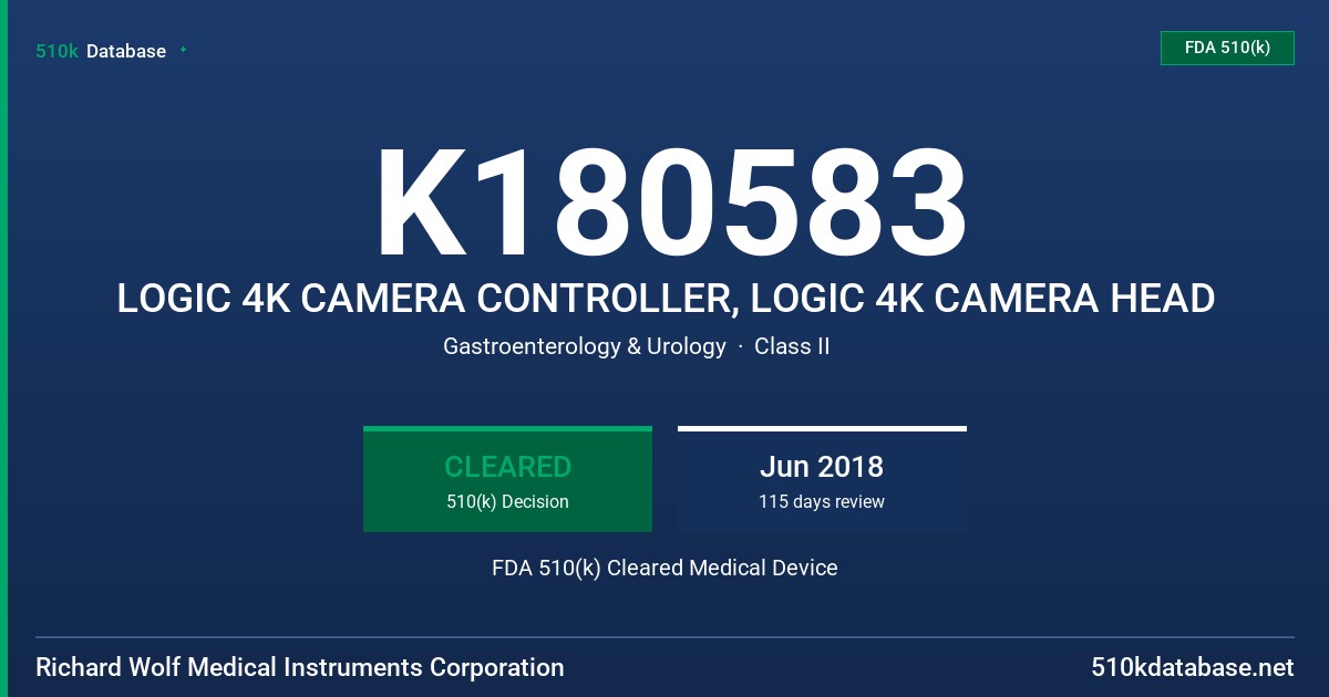 K180583 LOGIC 4K CAMERA CONTROLLER, LOGIC 4K CAMERA HEAD FDA 510(k) Cleared Medical Device