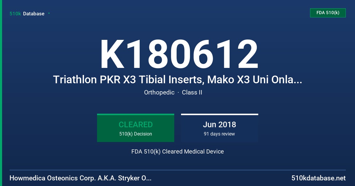 K180612 Triathlon PKR X3 Tibial Inserts, Mako X3 Uni Onlay Tibial Inserts FDA 510(k) Cleared Medical Device