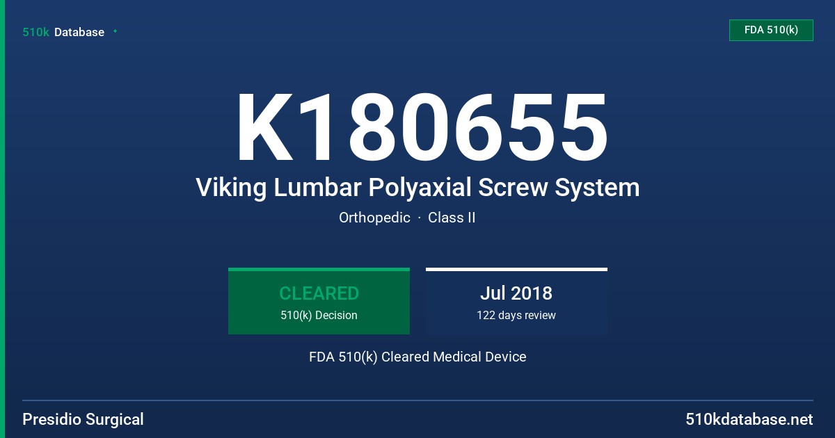 K180655 Viking Lumbar Polyaxial Screw System FDA 510(k) Cleared Medical Device