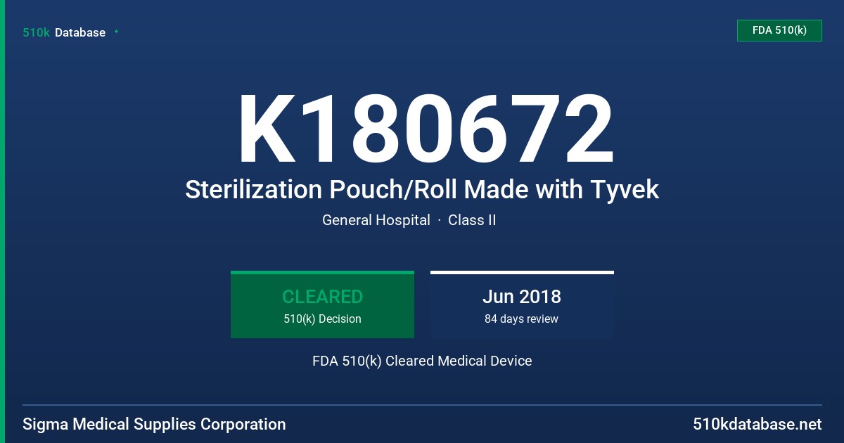 K180672 Sterilization Pouch/Roll Made with Tyvek FDA 510(k) Cleared Medical Device