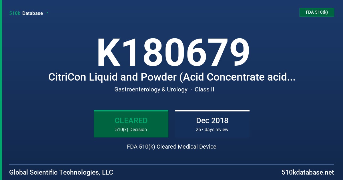 K180679 CitriCon Liquid and Powder (Acid Concentrate acidified with Citric Acid), AcetiCon Liquid and Powder (Acid Concentrate acidified with Acetic Acid or Na Di Acetate), BicarboCon Liquid and Powder (Bicarb Concentrate), RenaCon Liquid and Powder (Acetate Concentrate with Na Acetate) FDA 510(k) Cleared Medical Device