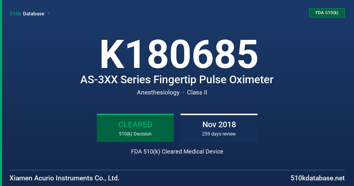 K180685 AS-3XX Series Fingertip Pulse Oximeter FDA 510(k) Cleared Medical Device