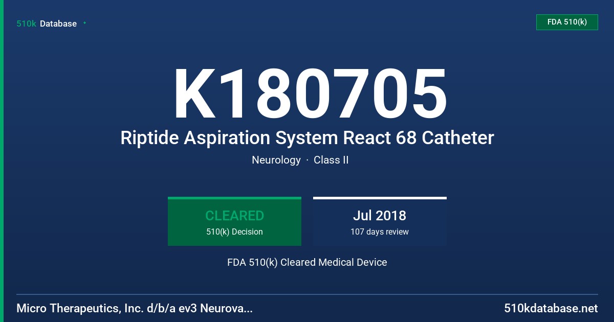 K180705 Riptide Aspiration System React 68 Catheter FDA 510(k) Cleared Medical Device