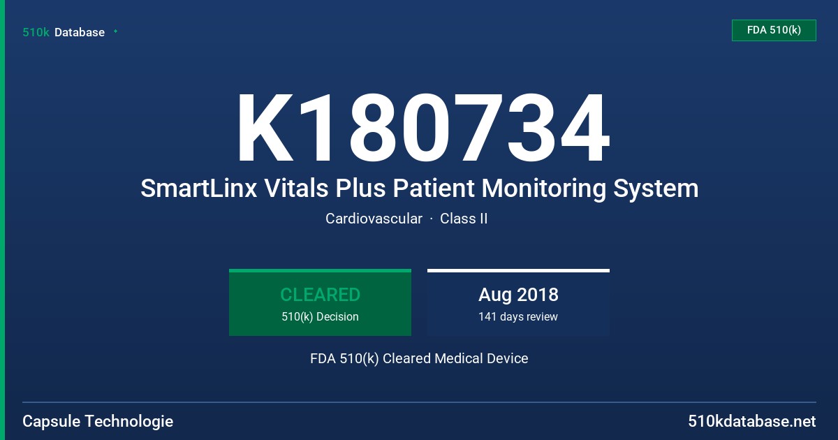 K180734 SmartLinx Vitals Plus Patient Monitoring System FDA 510(k) Cleared Medical Device