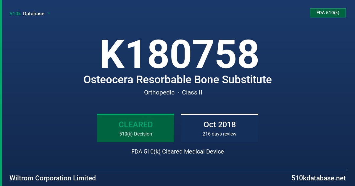 K180758 Osteocera Resorbable Bone Substitute FDA 510(k) Cleared Medical Device