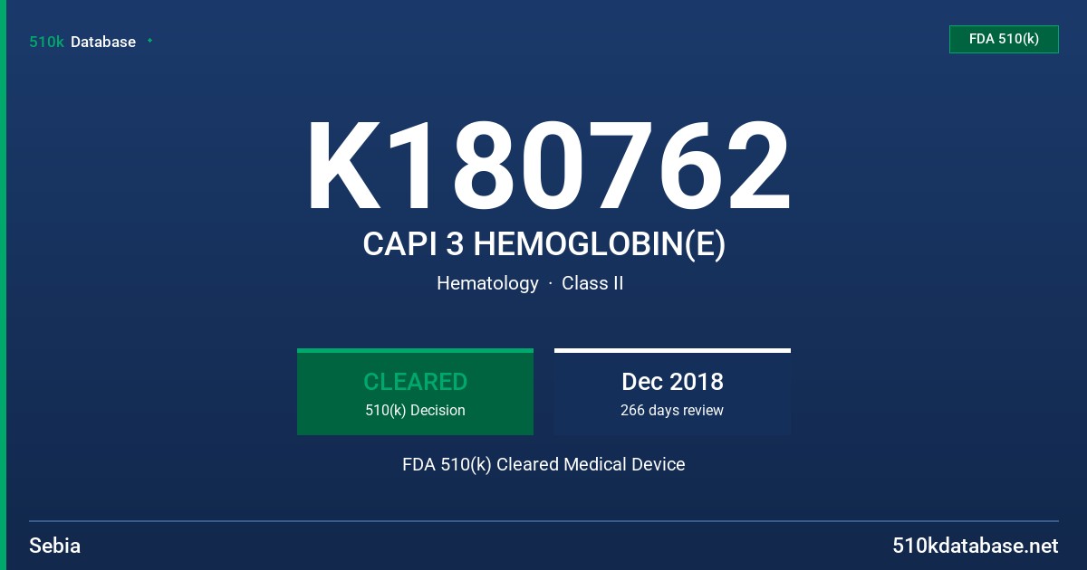 K180762 CAPI 3 HEMOGLOBIN(E) FDA 510(k) Cleared Medical Device