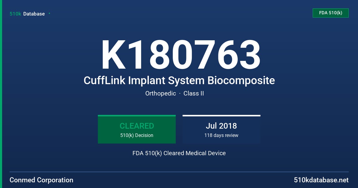 K180763 CuffLink Implant System Biocomposite FDA 510(k) Cleared Medical Device