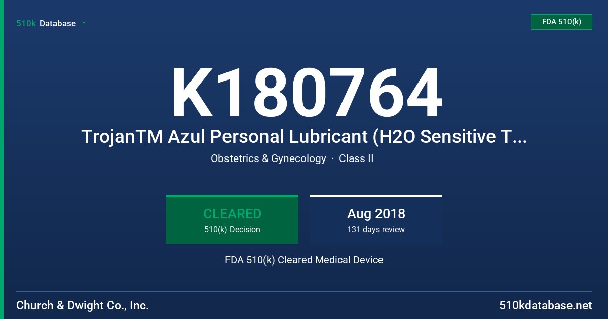 K180764 TrojanTM Azul Personal Lubricant (H2O Sensitive Touch Personal Lubricant) FDA 510(k) Cleared Medical Device