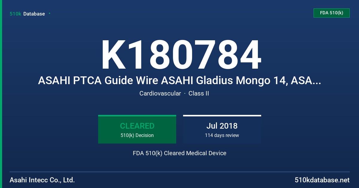 K180784 ASAHI PTCA Guide Wire ASAHI Gladius Mongo 14, ASAHI Gladius Mongo 14 ES FDA 510(k) Cleared Medical Device