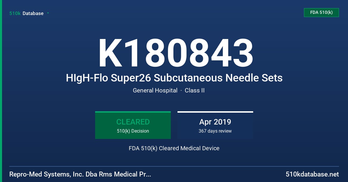 K180843 HIgH-Flo Super26 Subcutaneous Needle Sets FDA 510(k) Cleared Medical Device