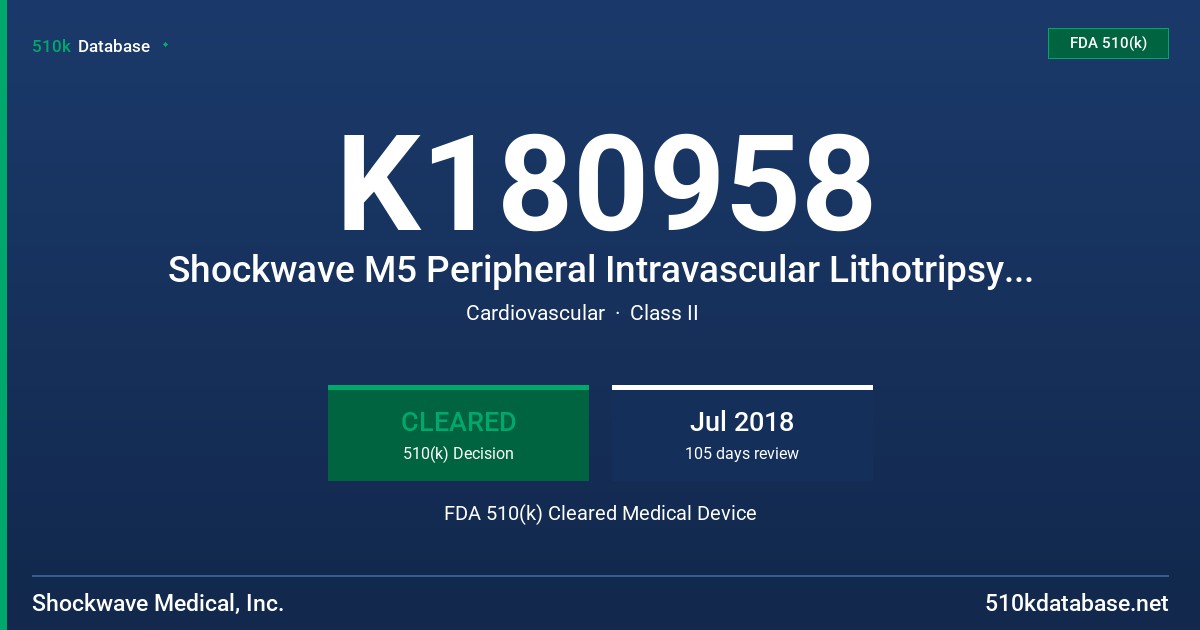 K180958 Shockwave M5 Peripheral Intravascular Lithotripsy (IVL) Catheter, lntravascular Lithotripsy (IVL) Generator And Connector Cable, Intravascular Lithotripsy (IVL) Connector Cable FDA 510(k) Cleared Medical Device