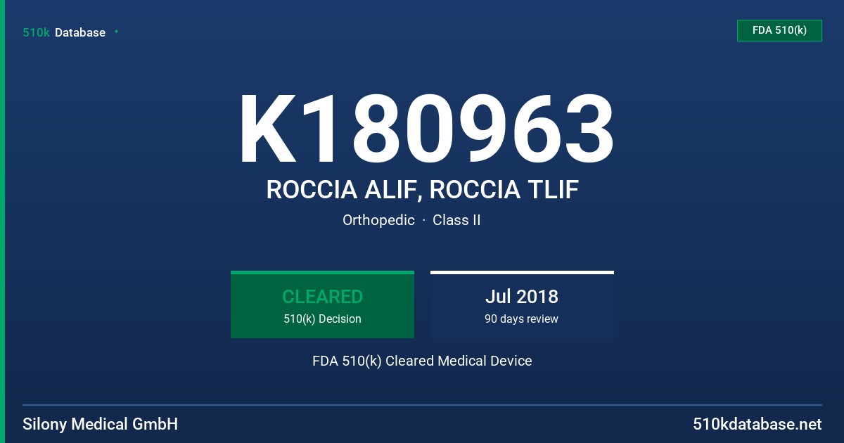 K180963 ROCCIA ALIF, ROCCIA TLIF FDA 510(k) Cleared Medical Device