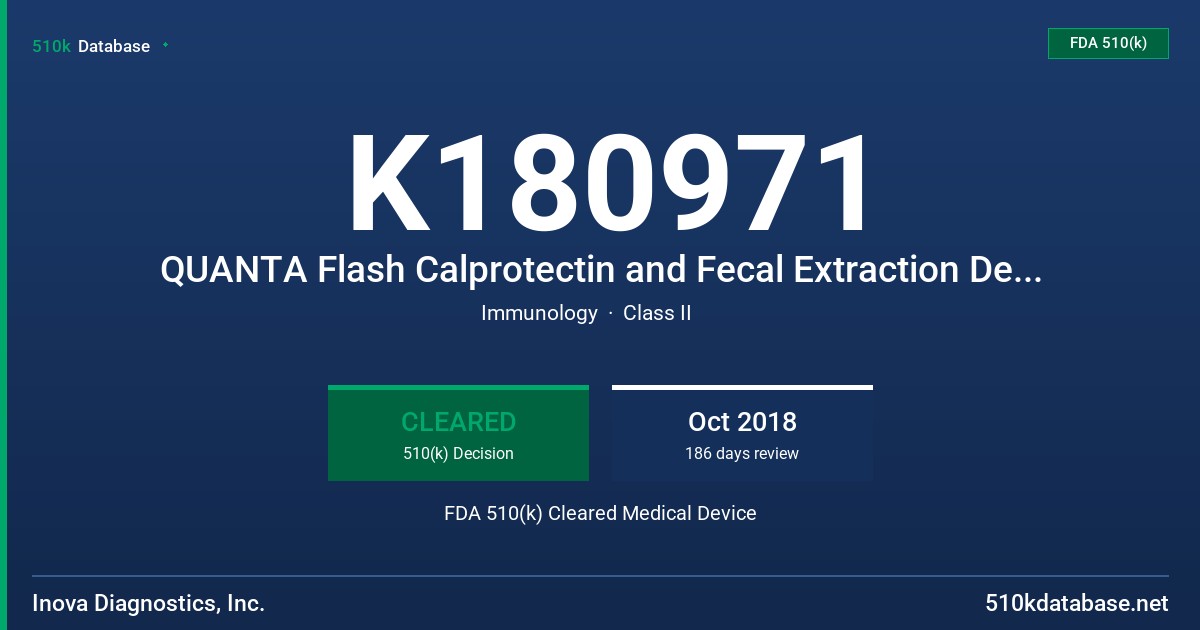 K180971 QUANTA Flash Calprotectin and Fecal Extraction Device FDA 510(k) Cleared Medical Device