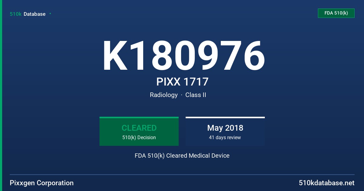 K180976 PIXX 1717 FDA 510(k) Cleared Medical Device
