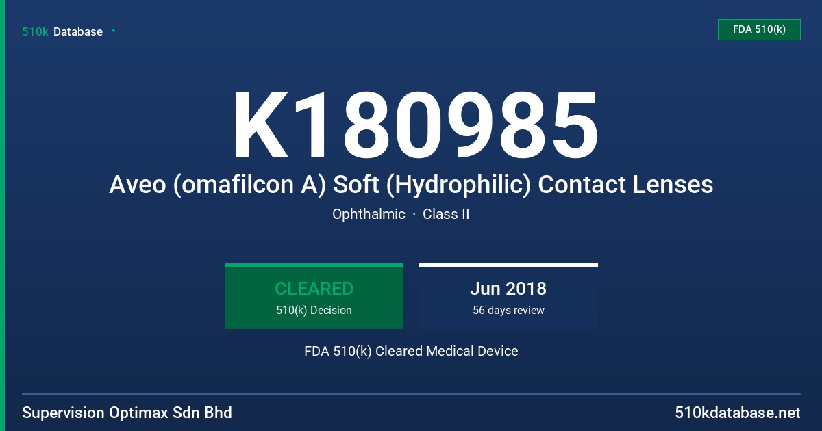 K180985 Aveo (omafilcon A) Soft (Hydrophilic) Contact Lenses FDA 510(k) Cleared Medical Device