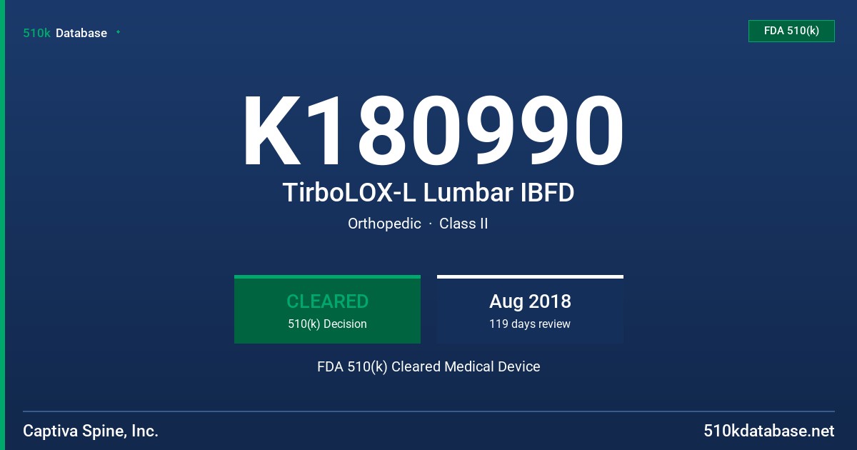 K180990 TirboLOX-L Lumbar IBFD FDA 510(k) Cleared Medical Device