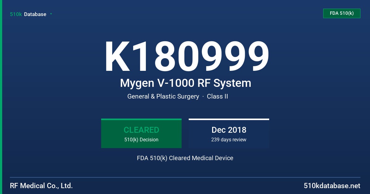 K180999 Mygen V-1000 RF System FDA 510(k) Cleared Medical Device