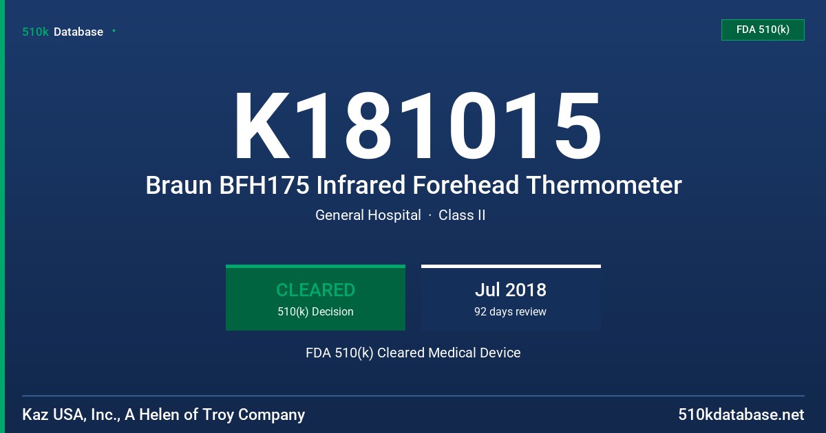 K181015 Braun BFH175 Infrared Forehead Thermometer FDA 510(k) Cleared Medical Device