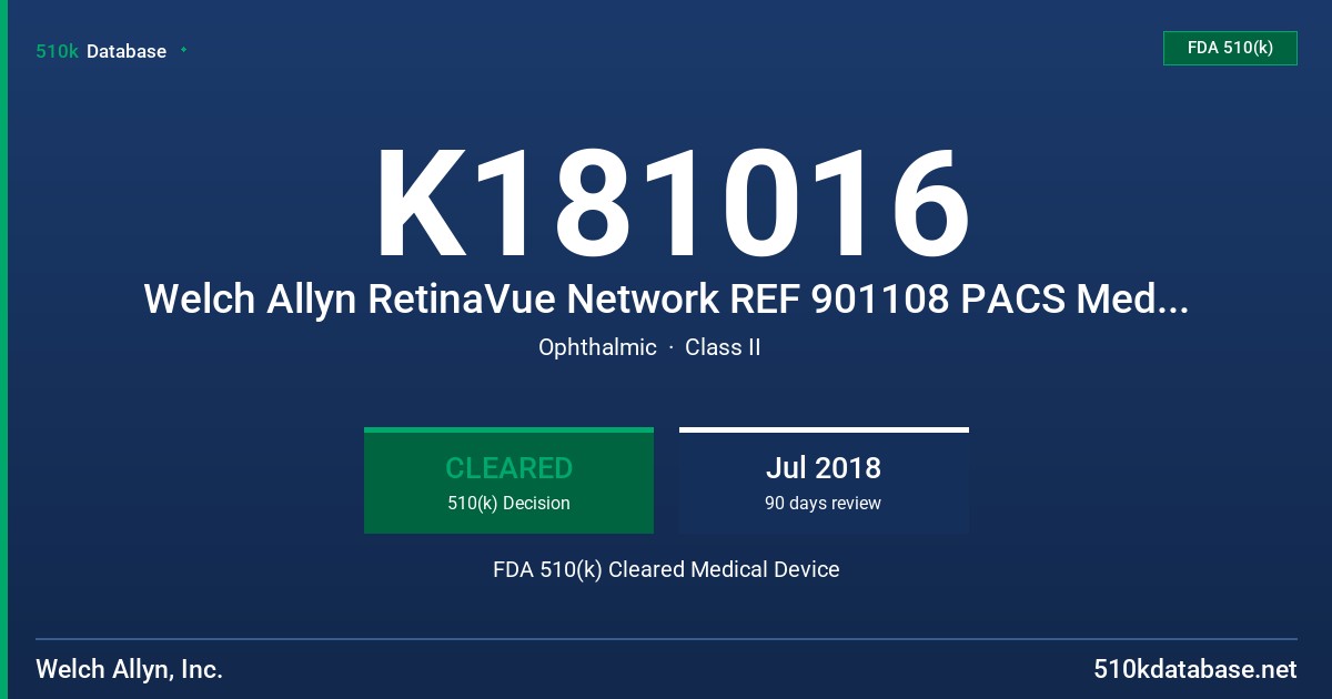 K181016 Welch Allyn RetinaVue Network REF 901108 PACS Medical Image System FDA 510(k) Cleared Medical Device