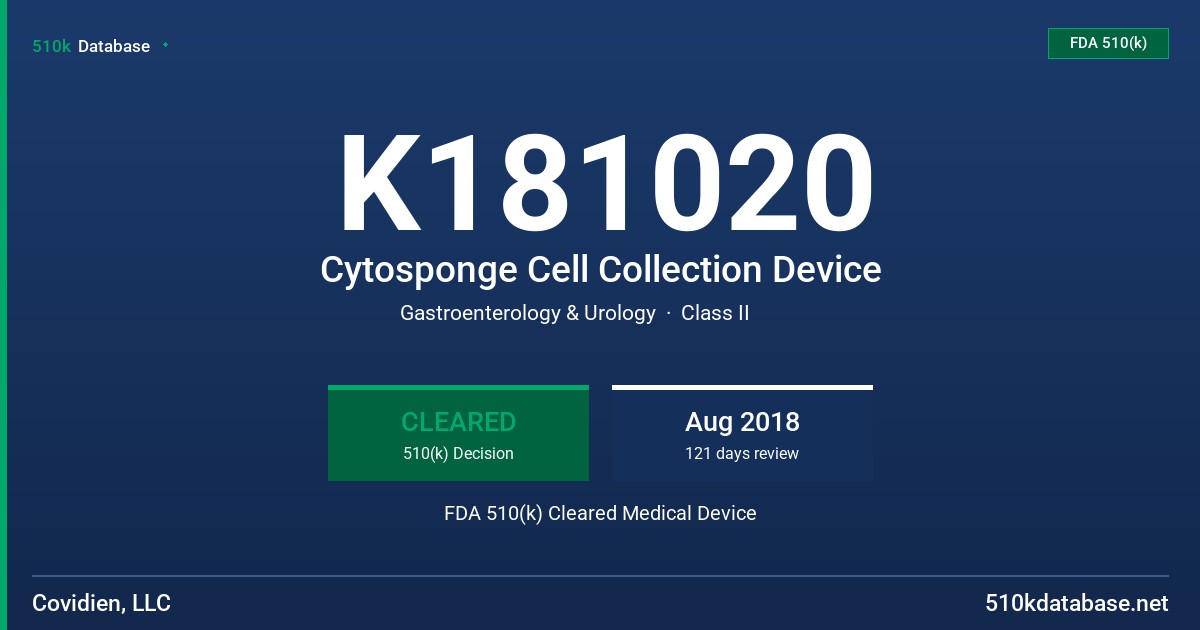 K181020 Cytosponge Cell Collection Device FDA 510(k) Cleared Medical Device