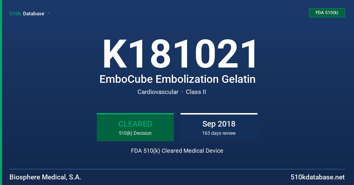 K181021 EmboCube Embolization Gelatin FDA 510(k) Cleared Medical Device