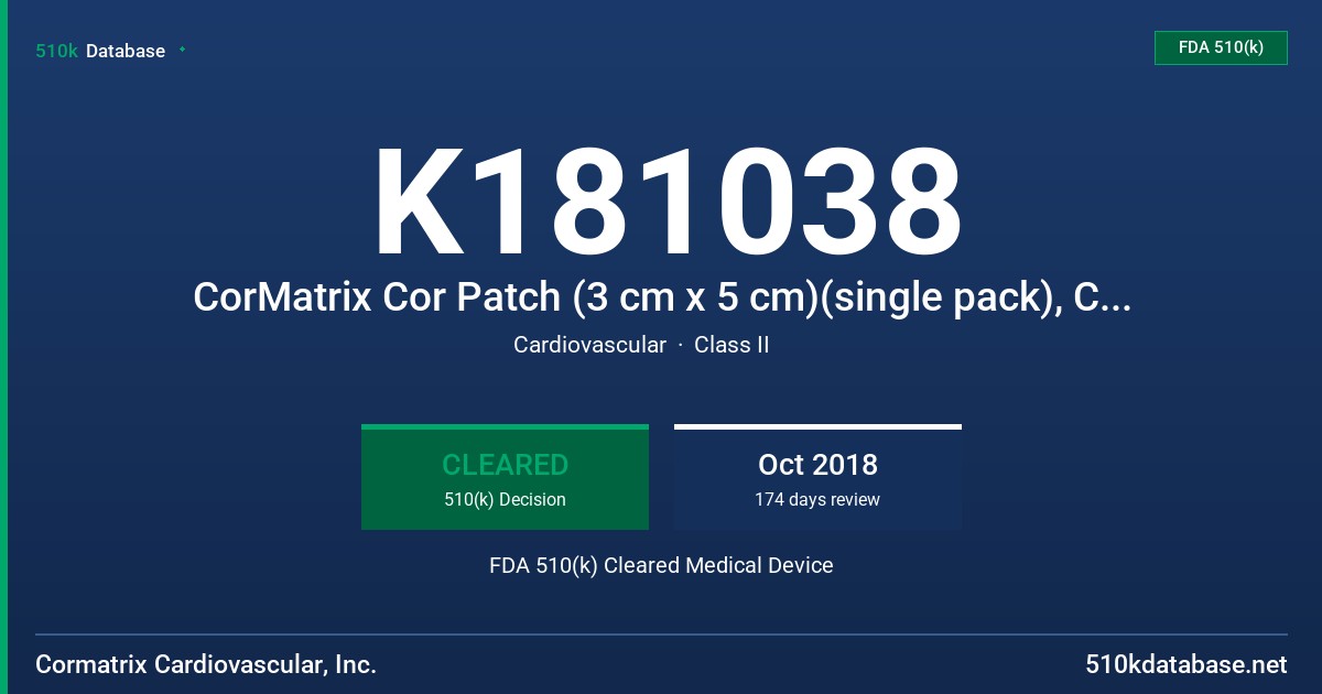 K181038 CorMatrix Cor Patch (3 cm x 5 cm)(single pack), CorMatrix Cor Patch (4 cm x 7 cm)(single pack), CorMatrix Cor Patch (7 cm x 10 cm)(single pack) FDA 510(k) Cleared Medical Device