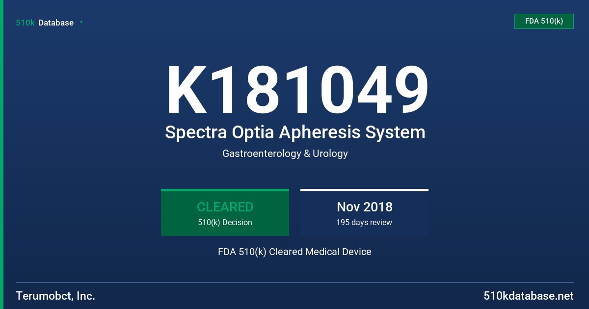 K181049 Spectra Optia Apheresis System FDA 510(k) Cleared Medical Device
