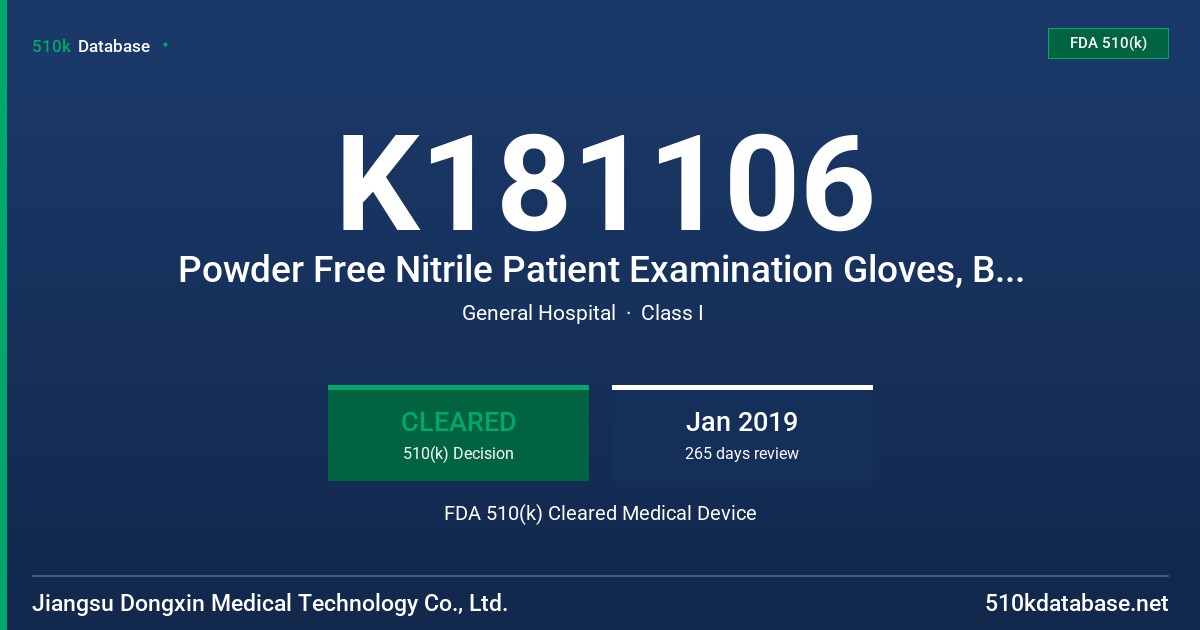 K181106 Powder Free Nitrile Patient Examination Gloves, Blue Color FDA 510(k) Cleared Medical Device