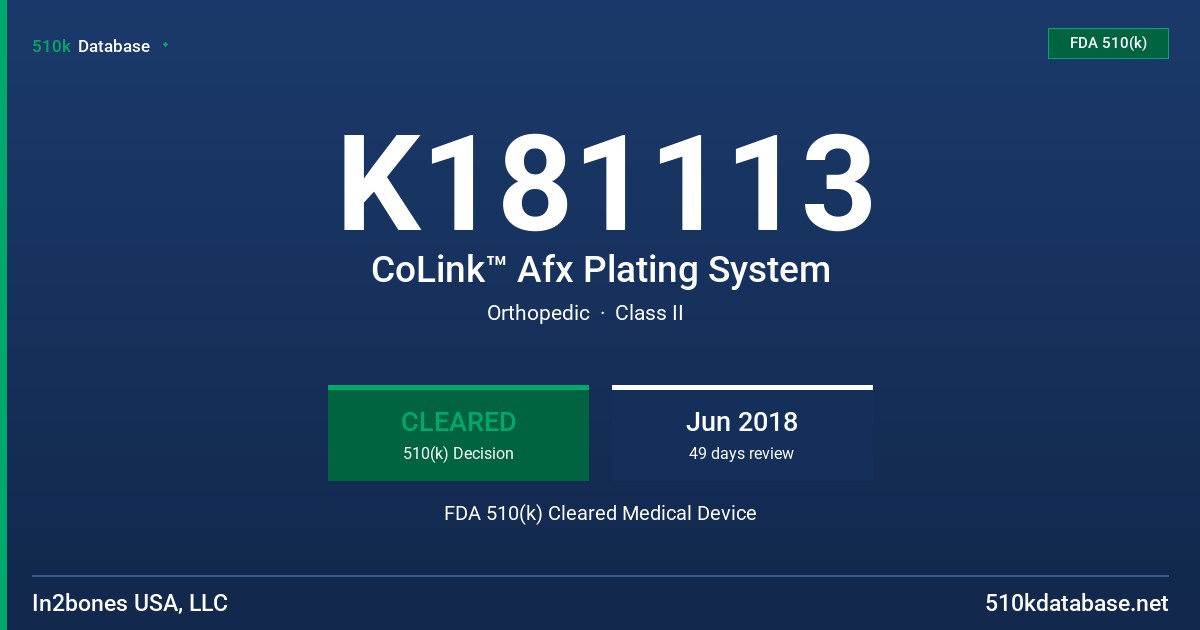 K181113 CoLink™ Afx Plating System FDA 510(k) Cleared Medical Device