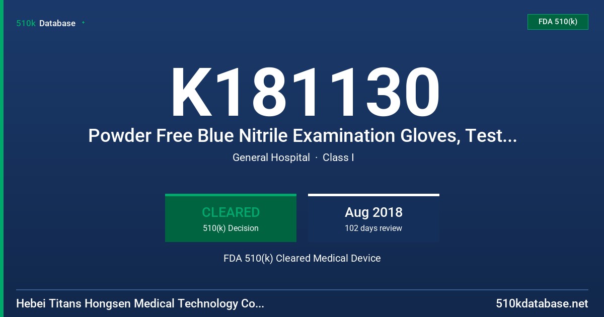 K181130 Powder Free Blue Nitrile Examination Gloves, Tested for Use with Chemotherapy Drugs FDA 510(k) Cleared Medical Device