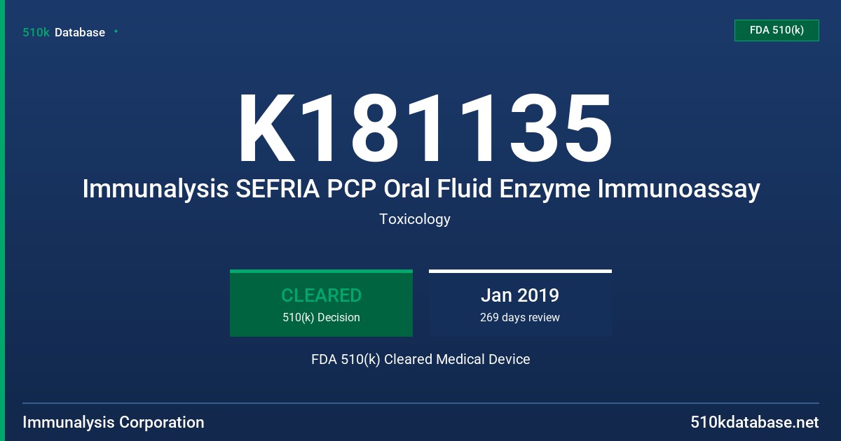 K181135 Immunalysis SEFRIA PCP Oral Fluid Enzyme Immunoassay FDA 510(k) Cleared Medical Device