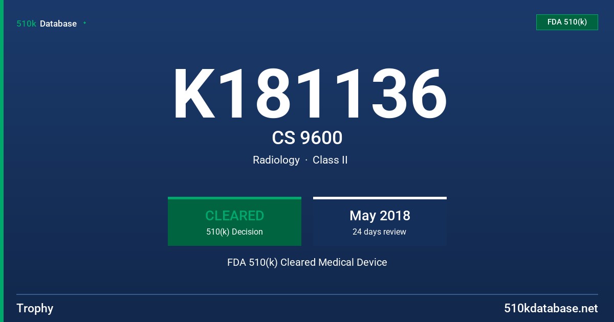 K181136 CS 9600 FDA 510(k) Cleared Medical Device