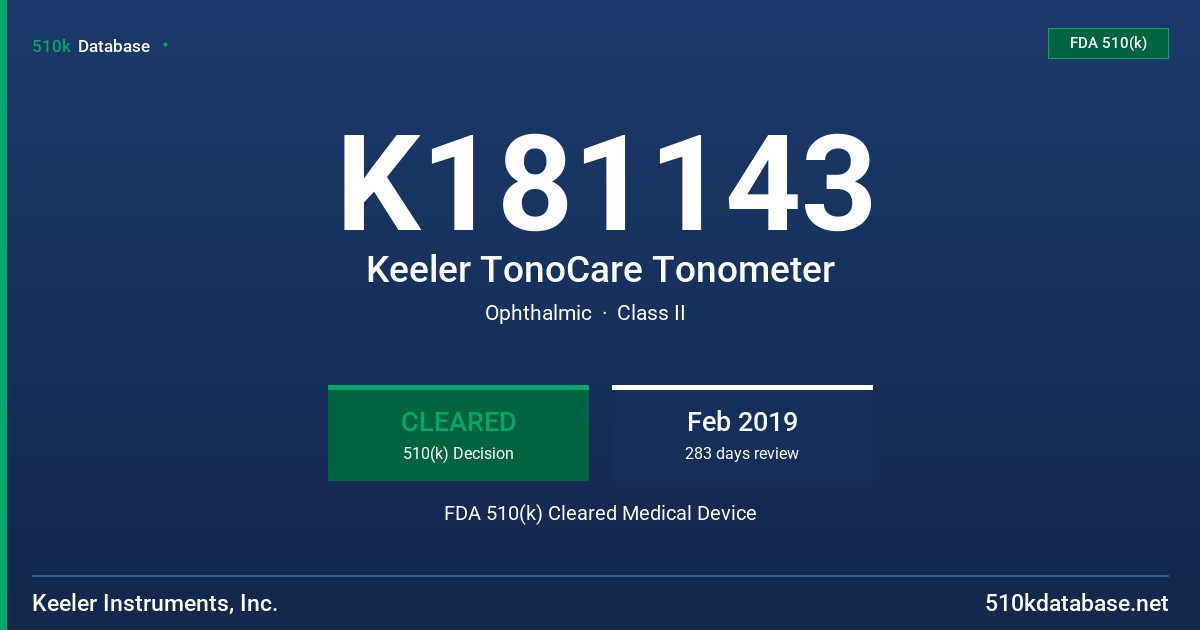K181143 Keeler TonoCare Tonometer FDA 510(k) Cleared Medical Device
