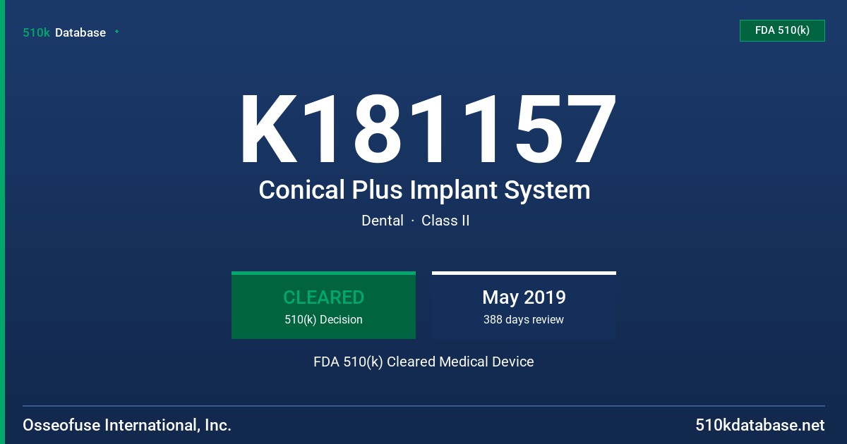 K181157 Conical Plus Implant System FDA 510(k) Cleared Medical Device