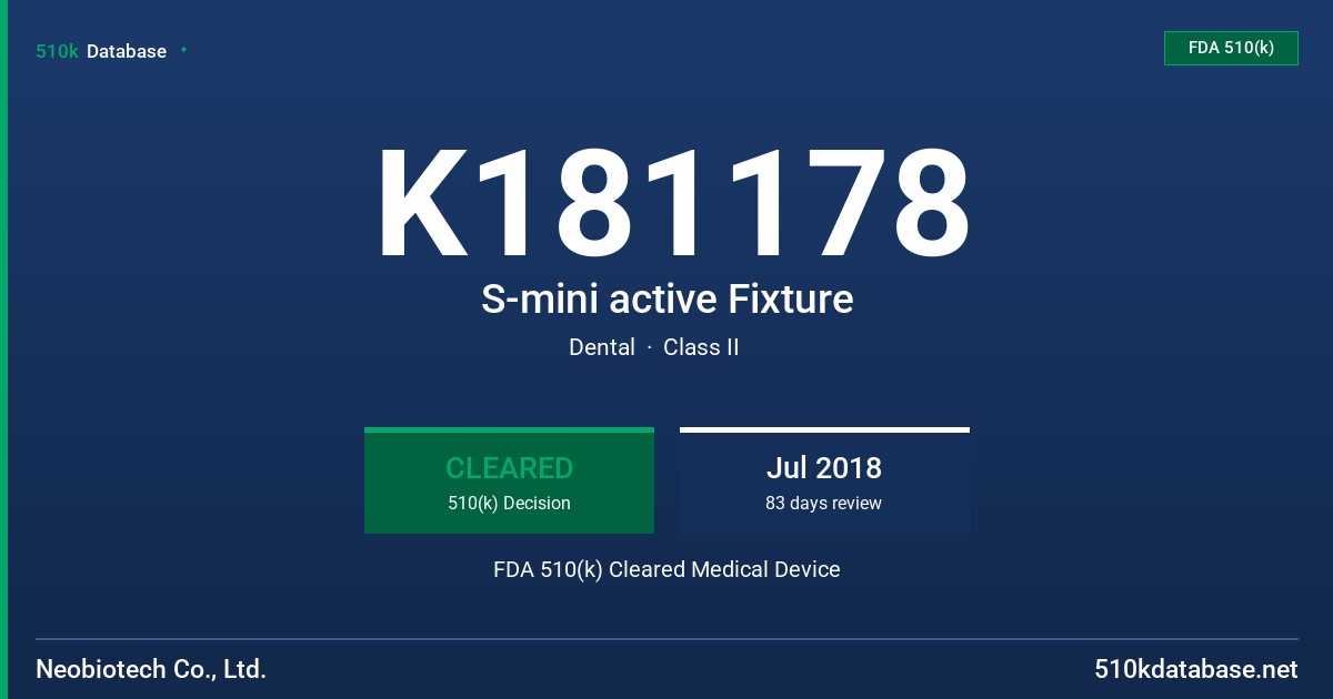 K181178 S-mini active Fixture FDA 510(k) Cleared Medical Device